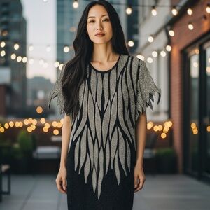 Vintage SCALA Silk Beaded Formal Evening Maxi Dress Petite Small Silver Black